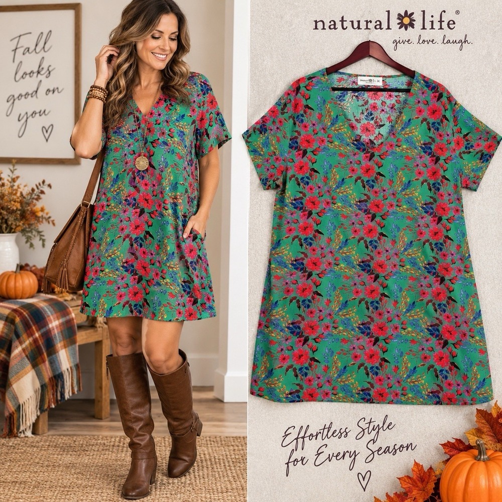 Natural Life XL Floral Short Dress Green Boho V Neck 100% Rayon Relaxed Fit